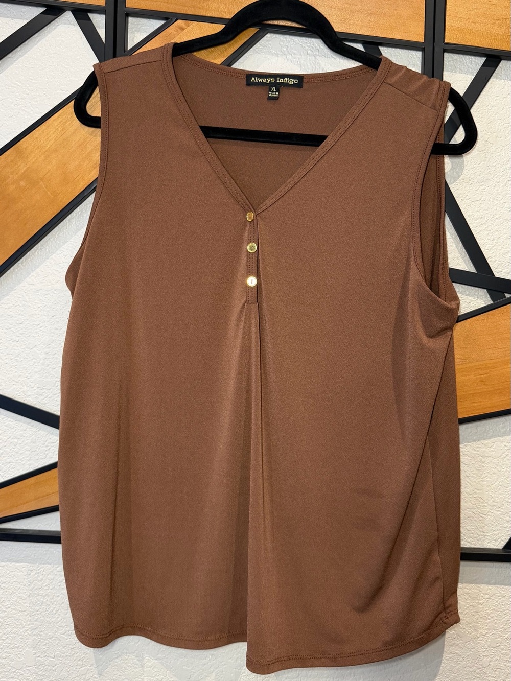 Women's Brown Sleeveless V-Neck Button Tank